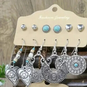 SIX Pair Antique Finish Novelty Fashion Silverplated Earrings Set